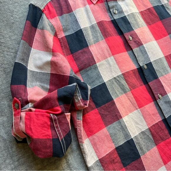 Perry Ellis Sz M Linen Cotton Blend Plaid Red Long Sleeve Shirt Button Down - Picture 11 of 14